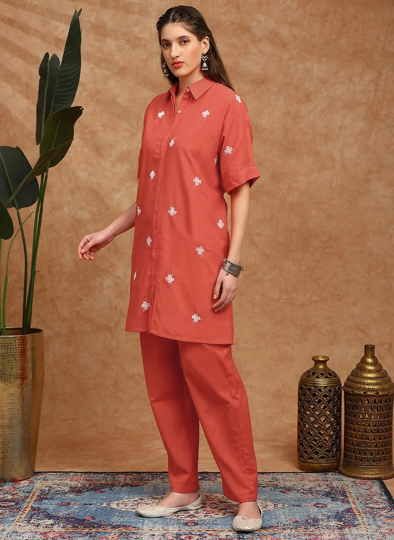 globus Orange Globus Women Orange Shirt Collar Extended Sleeves Floral Embroidered Straight Kurta With Pants Fusion Set for Women | Best Price UAE